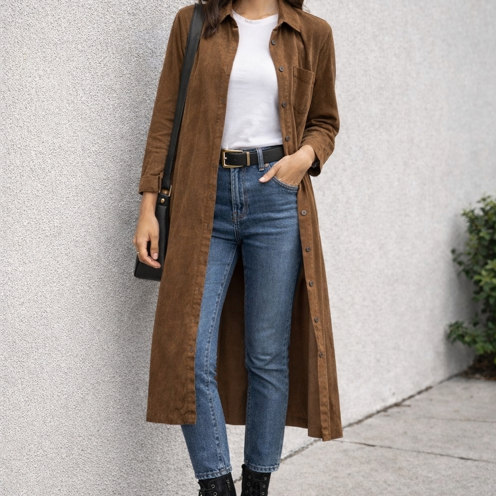 Long Sleeve Suede Like Button-Front Shirt Dress